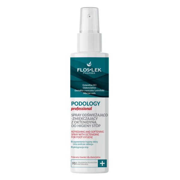 Na zdjęciu jest produkt: Spray odświeżająco-zmiękczający z oktenidyną do higieny stóp PODOLOGY profesional zapewnia komfort i higienę zabiegu, działa dezodorująco, a jednocześnie pielęgnuje i poprawia wygląd skóry stóp.