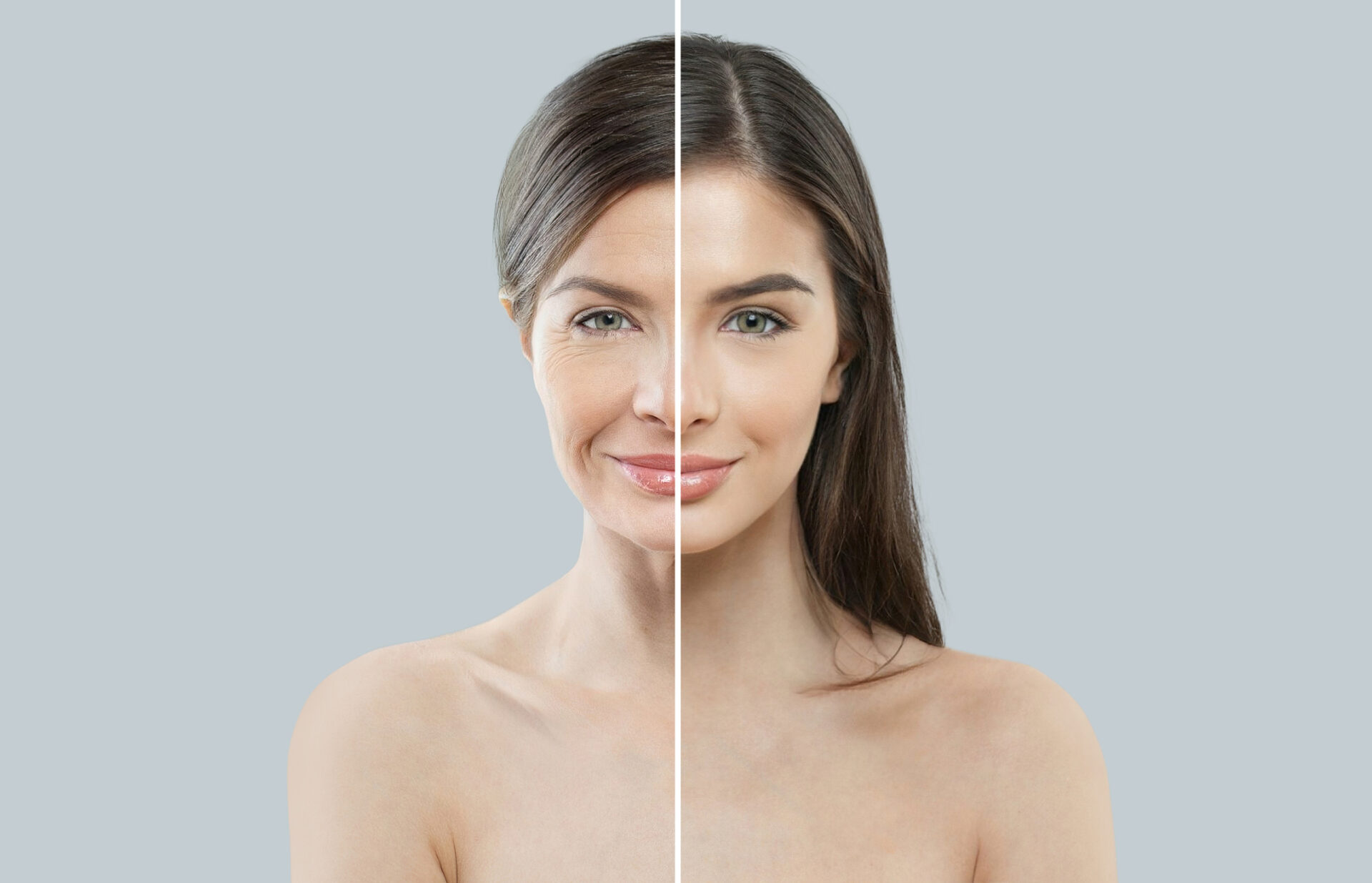 Na zdjęciu widać kobietę z pionową linią ukazującą przekrój twarzy