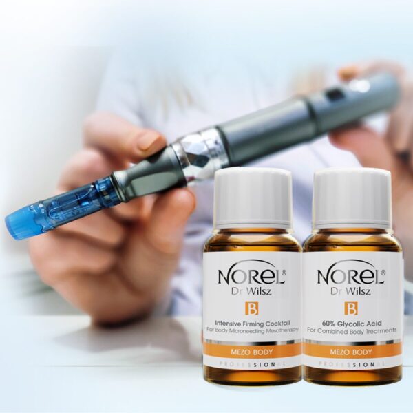MEZO BODY – zaawansowany zabieg skojarzony łączący 60% kwas glikolowy (pH 1,3) z mezoterapią mikroigłową. Regeneruje, ujędrnia i odbudowuje skórę po ciąży lub odchudzaniu, przywracając jej gęstość i sprężystość.
