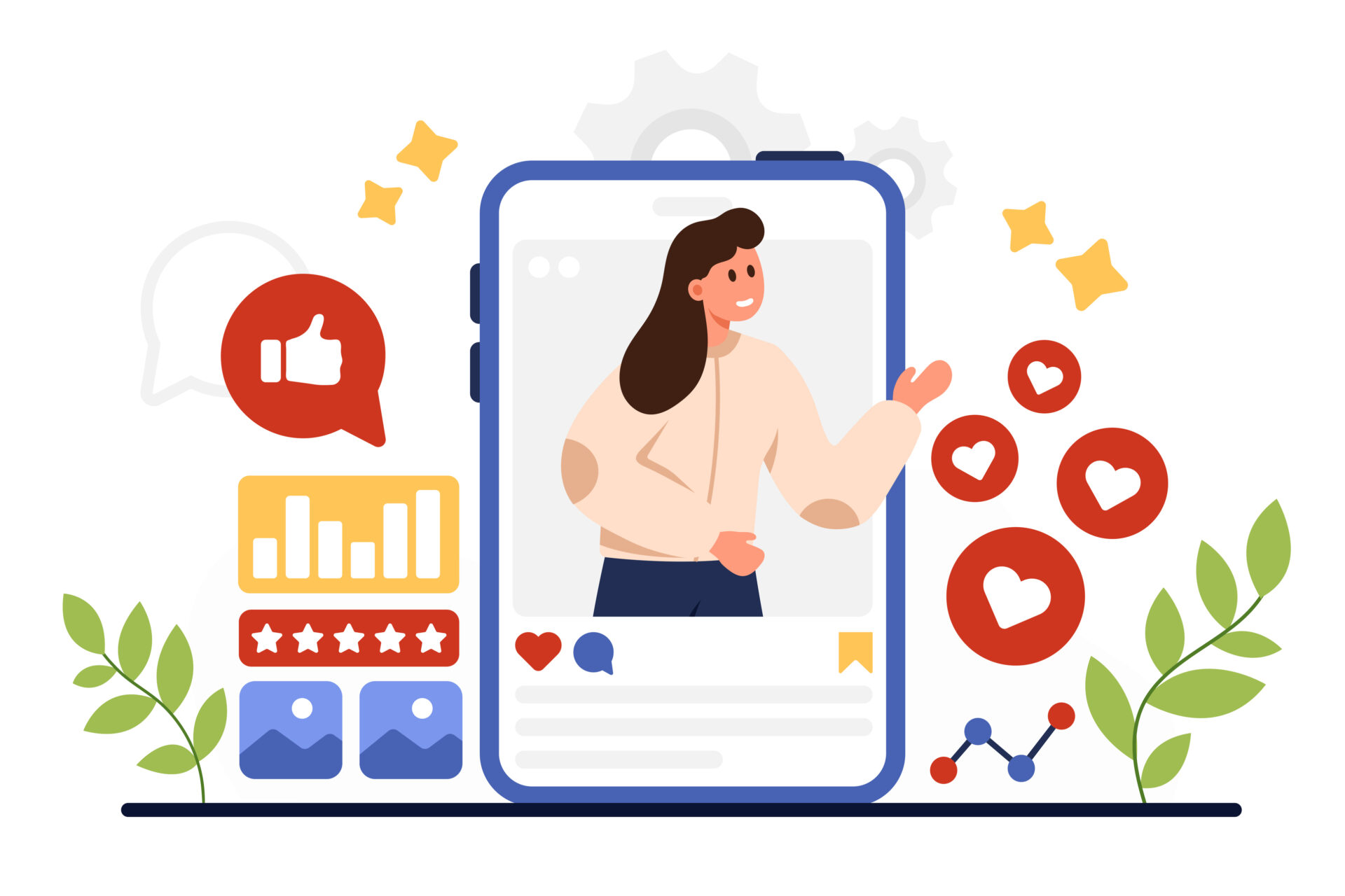 Na grafice widoczny tablet oraz kobieta z emotikonami