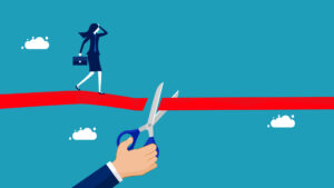 Cut business competitors. Businesswoman cut off career path vector eps