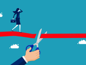 Cut business competitors. Businesswoman cut off career path vector eps