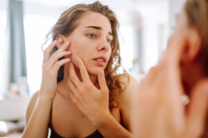 Close-up of a young woman with problem skin looking in the mirror, touching her cheek with acne. Cosmetic care. Dermatology.