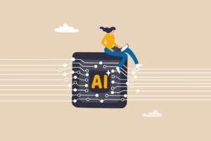 Praca z wykorzystaniem sztucznej inteligencji (AI), technologia wspomagająca lub wspierająca sukces w pracy, koncepcja inżyniera AI lub pomocy robota, kobieta pracująca z laptopem wyposażonym w chip sztucznej inteligencji AI.