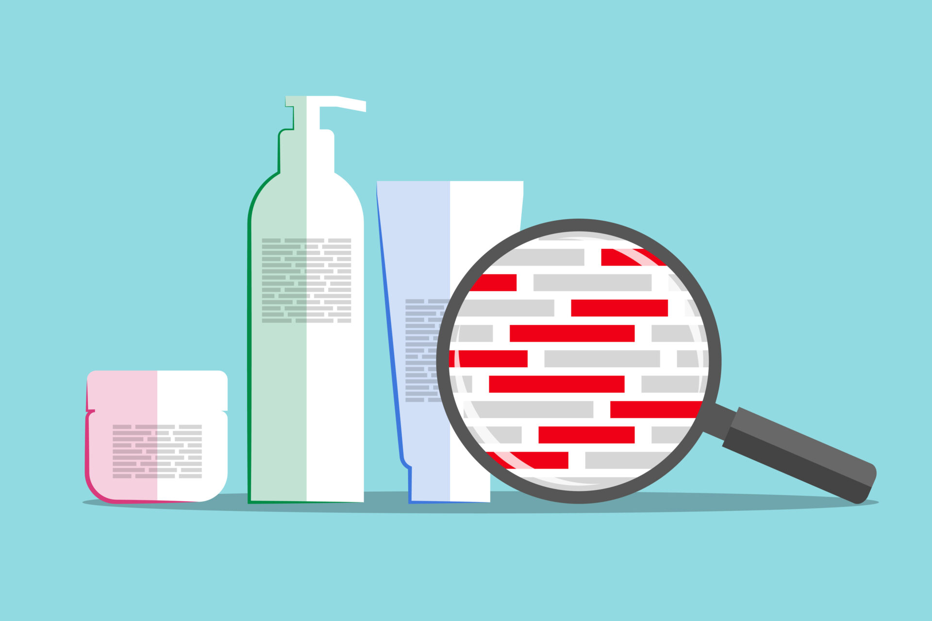 Different cosmetics and magnifier above info about chemical composition. Red blocks are symbolizing dangerous and harmful ingredients. Inspection of formula of beauty or hygiene product