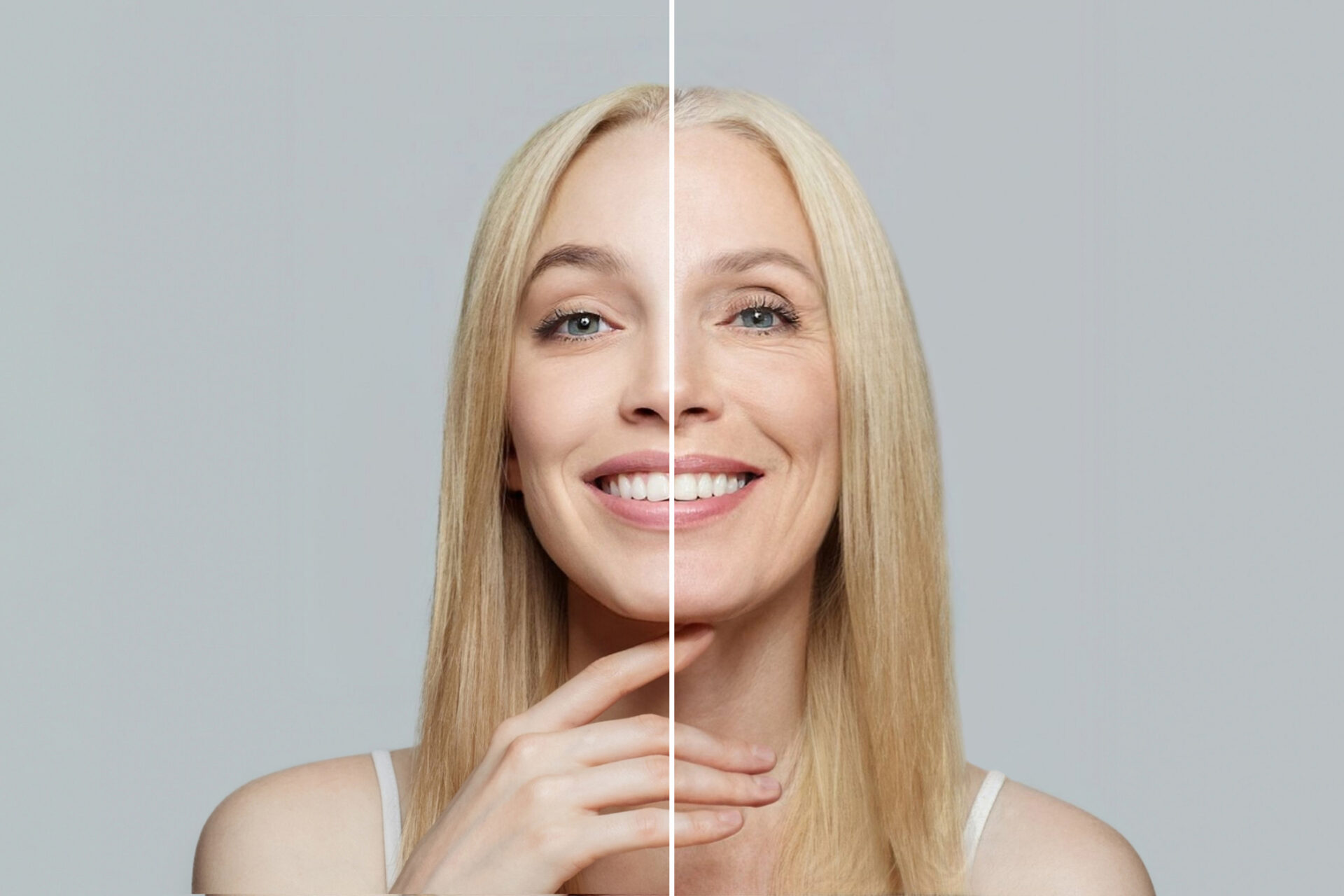 Blond modelka o młodej, gładkiej skórze i zmarszczkach. Starzenie się i młodość, chirurgia plastyczna, zabiegi kosmetyczne i koncepcja kosmetologii