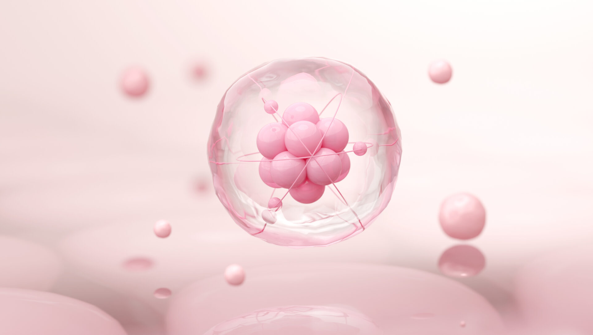 Egzosomy lub cząsteczki serum z kolagenem zamknięte w kapsułkach na komórkach skóry w celu przeciwdziałania starzeniu się skóry i jej regeneracji. Koncepcyjna technologia kosmetyczna z wykorzystaniem systemu Cyclosystem