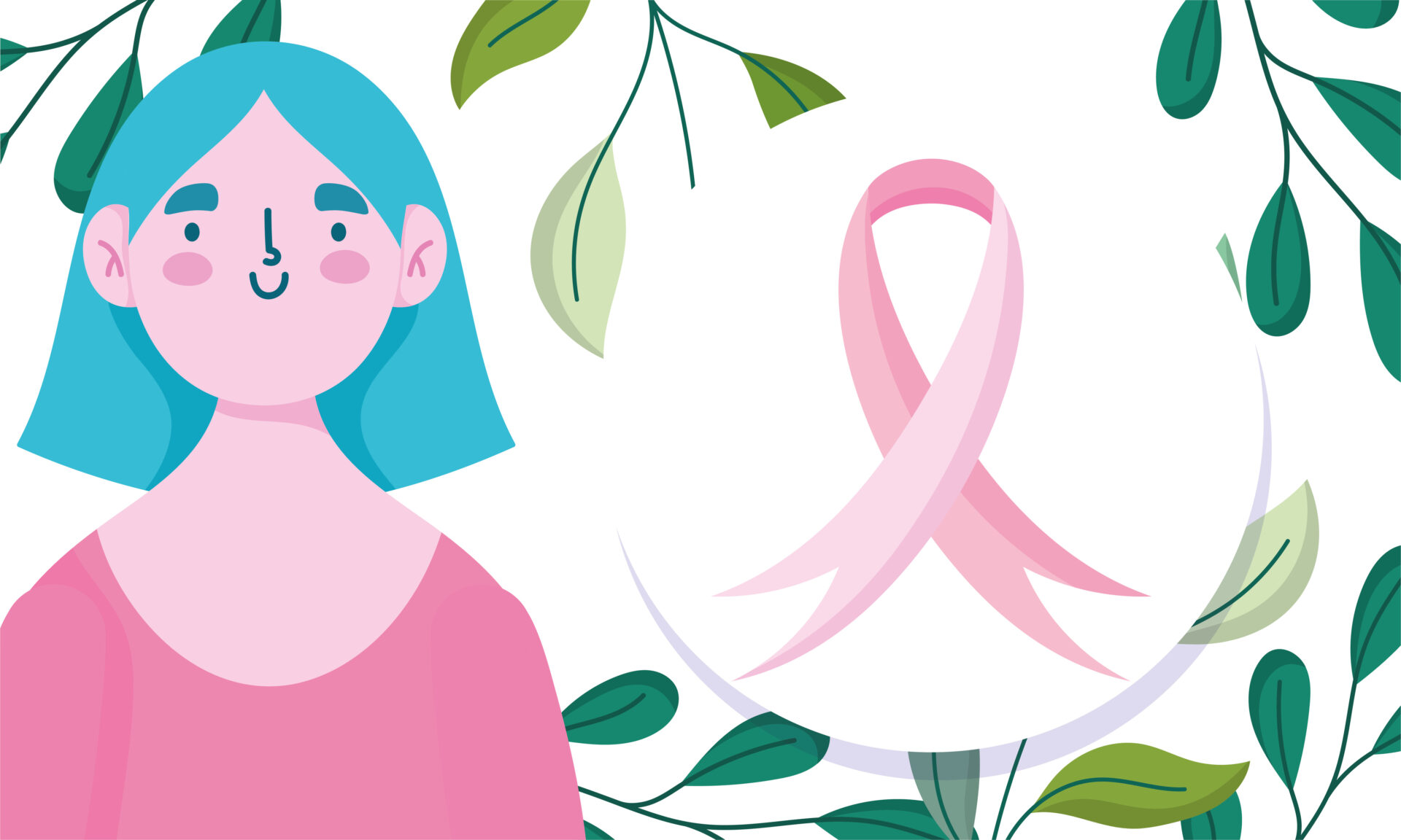 breast cancer awareness month portrait woman cartoon leaves vector design and illustration