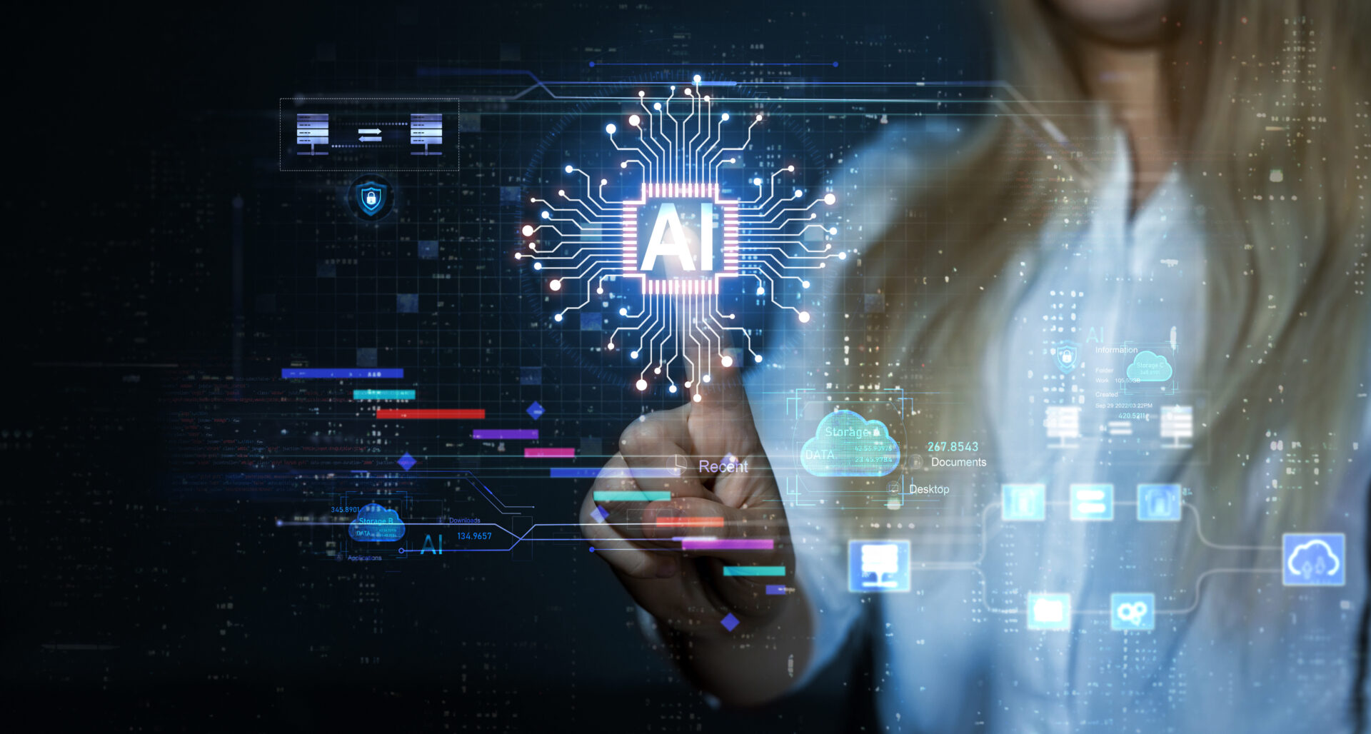 Chmura danych i przechowywanie danych. Nauka, technologia i innowacje w dziedzinie sztucznej inteligencji. Uczenie maszynowe, nauka o danych i sztuczna inteligencja (AI)