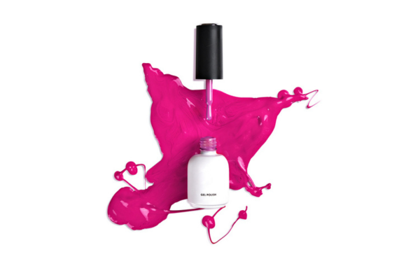 Bright pink gel polish bottle with brush, surrounded by vivid splashes of paint, illustrating artistic expression in beauty and nail care, perfect for cosmetic themes
