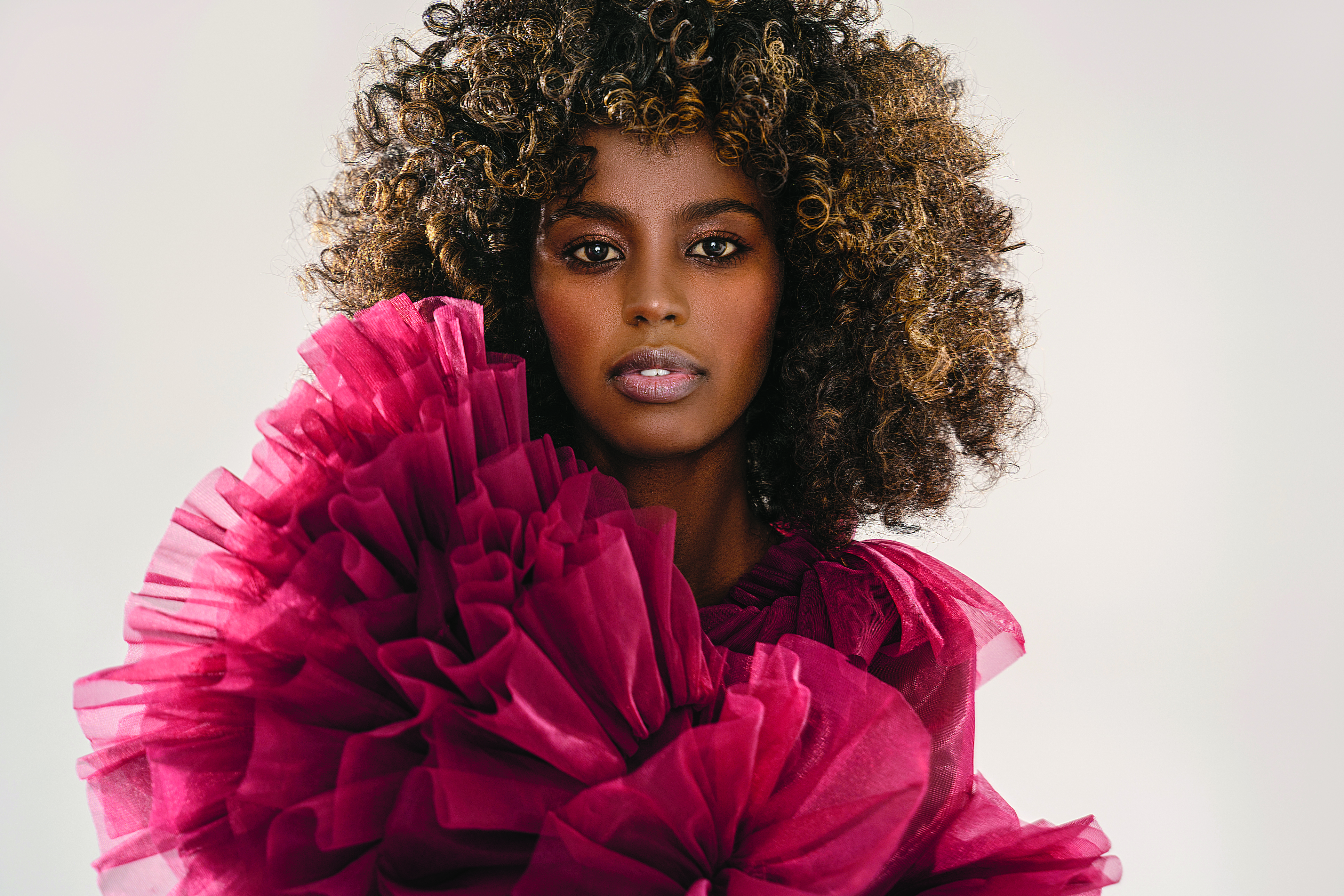 Portret pięknej kobiety o fryzurze afro. Dziewczyna patrząca w obiektyw. Elegancki styl. Kręcone włosy. Brązowe oczy. Makijaż w stylu glamour. Zdjęcie z bliska.